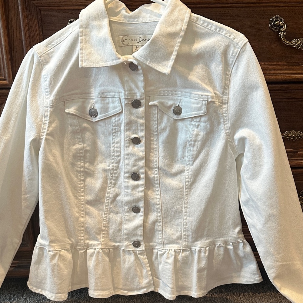 White Womens peplum Denim Jacket with Ruffle Hem